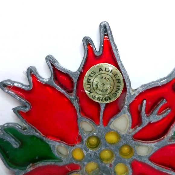 Vtg Kurt Adler Christmas 1978 Poinsettia Ornaments Stained Glass Sun Catcher - Picture 5 of 7